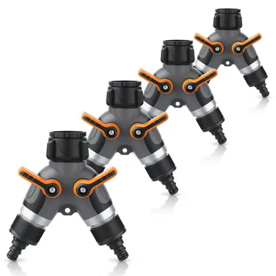 Produktbild von Brandson 2 Wege Verteiler, Y-Verteiler, 4er Set, Gartenschlauch Verteiler, Wasserverteiler, Schlauchverteiler, 1 Zoll Eingang mit Adapter 3/4 Zoll, Schnellkupplung, für Gartenbewässerung