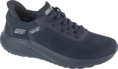 A single navy blue Skechers slip-on sneaker is shown from a side angle against a white background.