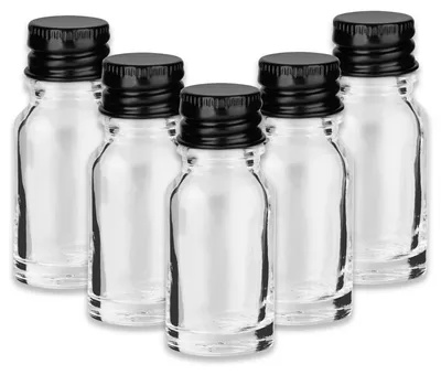 Produktbild von 5x Klare Glasflasche 10 ml mit schwarzem Aluminium Schraubverschluss