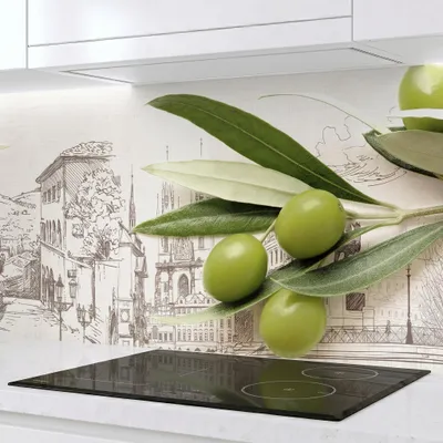 Produktbild von Küchenrückwand Grüne Oliven 60 x 300 cm – monolithische ABS-Platte mit Direktdruck, Spritzschutz Küche & Bad, Fliesenspiegel