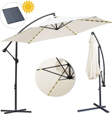 Image de Wolketon 3m-3.5m Parasol avec LED solaire inclinable Parapluie balcon Parapluie de marché UV40+ Parasol de jardin,Beige,3.5m