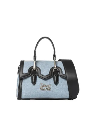 Immagine prodotto di Borsa da donna in denim blu e pelle, con tracolla removibile, modello "Secret Pon Pon"