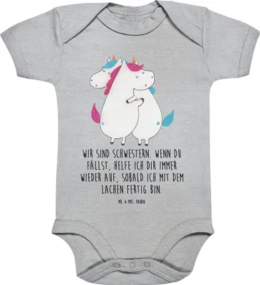 Produktbild von Mr. & Mrs. Panda Einteiler Einhörner Umarmen 12. - 18. Monat - Heather Grey - Geschenk, Babystrampler, Unicorn, Freundin, overall baby, Einhorn, Familie, Strampler, Liebe
