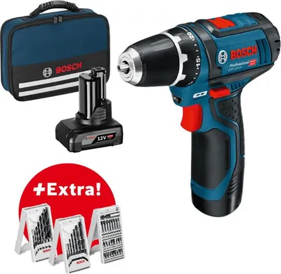 Produktbild von Akku-Bohrschrauber GSR 12V-15, mit 1 x 2.0 Ah, 1 x 4.0 Ah, Zubehör-Set in Tasche