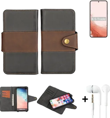 Produktbild von K-S-Trade Handyhülle Schutzhülle Bookstyle Wallet-Case kompatibel mit Samsung Galaxy S22 Exynos + earphones Bumper rundumschutz schwarz-braun 1x