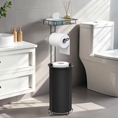 Produktbild von Freistehender Toilettenpapierhalter, Toilettenpapierhalter mit Ablagefach für 3 Rollen Toilettenpapier, schwarz