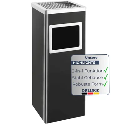 Produktbild von DELUKE® Standaschenbecher für Draußen 36L - Stahl 24x24x61cm | Mülleimer mit Aschenbecher Abfalleimer mit Inneneimer Standascher Outdoor, Schwarz