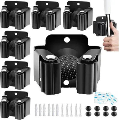 Produktbild von Wandmontierter Besenhalter, Mopphalter mit Haken, wandmontierter Besenhaken ohne Bohren, selbstklebender Besenhaken (6 Stück)