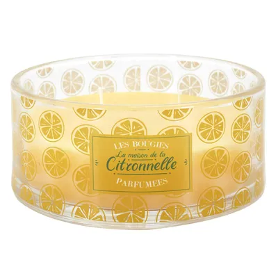 Produktbild von Citronella Duftkerze Ø 19 cm – Anti-Mücken Outdoor-Kerze mit Zitronenduft – Glasgefäß mit 3 Dochten – Zitronen Soleil