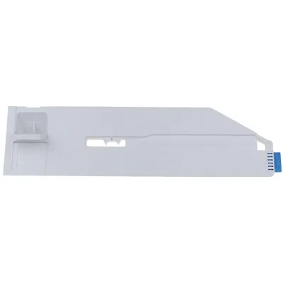 A white washing machine detergent dispenser drawer with blue accents.