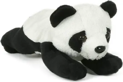 A plush toy panda lying down on a white background.