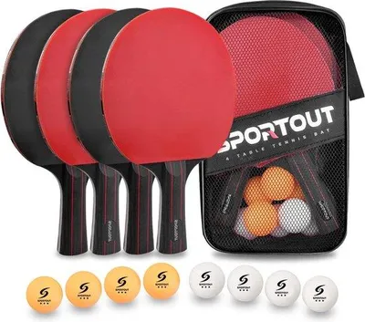 Image de Ensemble de tennis de table premium Unyqoos® – 4 raquettes et 6 balles, manche en bois de peuplier à 7 couches avec surface en carbone antidérapante, mousse de 2 mm, sac de transport, idéal pour 4 joueurs