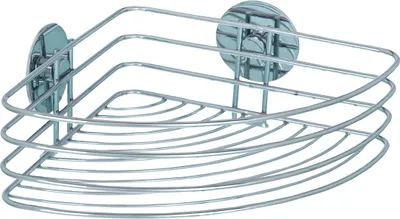 A silver wire corner shower caddy with suction cup mounts against a white background.