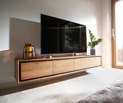 Produktbild von DELIFE Lowboard Stonegrace 200 cm Akazie Natur 4 Türen Steinfurnier schwebend