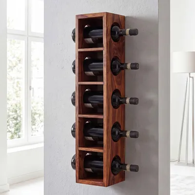 Zdjęcie produktu dla FineBuy – regał na wino z litego drewna sheesham, regał na butelki, designerski, do montażu na ścianie, na 5 butelek, nowoczesny regał drewniany z półką, 70 cm