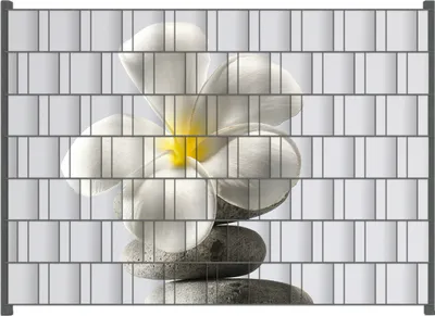 Produktbild von Wallario Zaunsichtschutz mit Motiv Blume auf gestapelten Steinen für Ein- und Doppelstabmatten Zäune in der Größe 200 x 140 cm