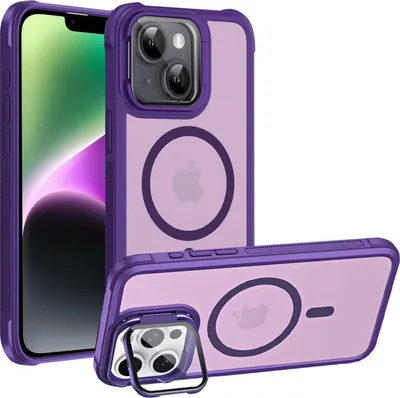 A purple and clear protective case for an iPhone 14, shown from multiple angles, including one with a kickstand deployed.