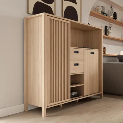 Produktbild von Forte JYTANA Schrank 150, skandinavischer Schrank mit 2 Schubladen und Schranktüren und 3 Regalfächern, Riva Eiche Holzdekor, 149,9 cm breit x 129,9 cm hoch x 40,2 cm tief