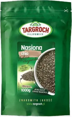 A green resealable bag of chia seeds with product information and branding.