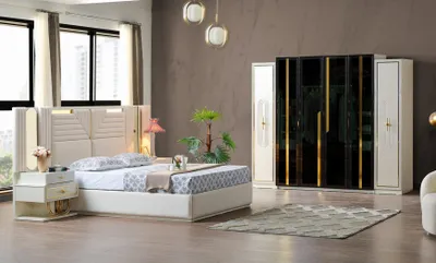 Produktbild von Modern Schlafzimmer Set Bett + 2x Nachttische+Kleiderschrank Design Möbel 4 tlg.