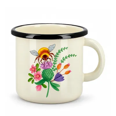 Produktbild von Kuketo | Emaille-Becher 1 l – Turistische Tasse – Kleiner Topf – Für Gas – Induktion – Outdoor – Robust – Langlebig – Cremefarben mit Hahn-Motiv