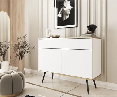Produktbild von 2-türig Kommode Glow im glamour Stil Schrank mit Regalen und Schubladen modern Sideboard mit goldenen Zusätzen, Farbe: Weiß, Schwarz