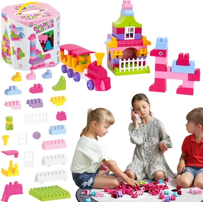 Children playing with building blocks, with the product packaging and assembled toys in the background.
