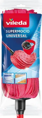 A product package for a Vileda SuperMocio Universal mop, showing the mop and a bucket.