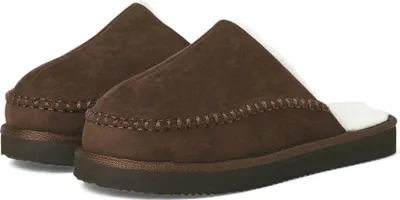 A pair of brown slippers with white lining.