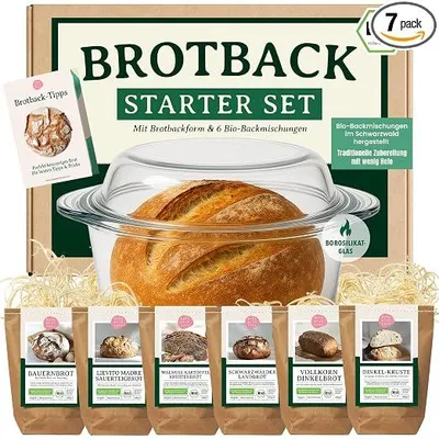 Imagen del producto de Kit de inicio para hornear pan: incluye un molde de vidrio para pan con tapa (olla para pan) y 6 mezclas de pan orgánicas. Ideal como regalo de inauguración o para amantes del pan