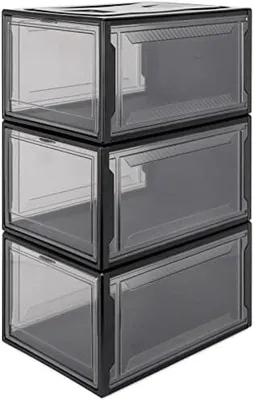 Produktbild von PolkaHome® 3-teiliges Schuhbox-Set, stapelbarer Schuhorganizer, Kunststoffbox mit transparenter Tür, 37 x 26 x 20 cm, Schwarz