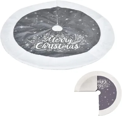 A round Christmas tree skirt with a white fluffy trim and a gray center featuring white snowflakes and the text "Merry Christmas" in a decorative font. A smaller, folded version of the skirt is shown in the bottom right corner.