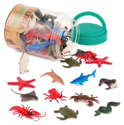 Produktbild von Terra 60-teilig Tierfiguren Sammlung Meerestiere Spielzeug Set – Hai, Schildkröte, Tintenfisch, Krabbe, Pinguin, Delphin und mehr – Spielzeug ab 3 Jahren, 2"