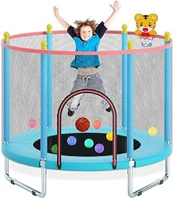 Produktbild von 150cm Kindertrampolin für Indoor und Outdoor mit Sicherheitsnetz, Basketballkorb und robuster Sprungmatte – Wasserdicht, Verstellbar und bis 200 kg belastbar