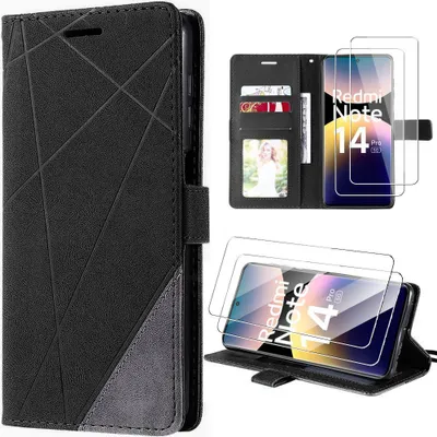 Image de Coque + 2 Verres Trempés pour Xiaomi Redmi Note 14 Pro 5G, Anti-Rayures Protection Synthécuir Noir