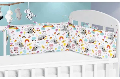 Zdjęcie produktu dla Barierka do łóżeczka dziecięcego – 60 x 28 cm – szara, niebieska, żółta