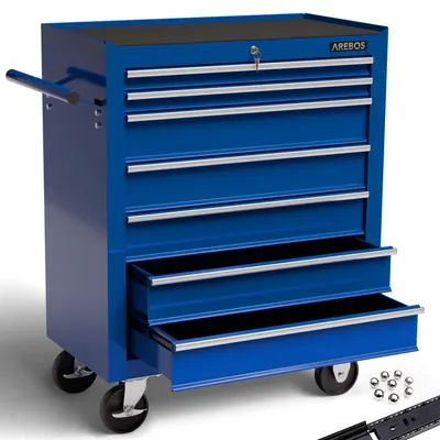 A blue rolling tool chest with multiple drawers, some open, on a white background.