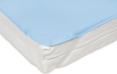 A close-up view of a light blue mattress protector on a white mattress.