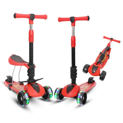 Produktbild von Habib 3-Rad Kinderroller mit LED Rädern & Sitz | Faltbar Höhenverstellbar: Rot