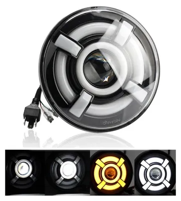 Immagine prodotto di Lampada universale per fari da 7 pollici (18 cm) a LED / alogena, 12 V–24 V, anabbaglianti/abbaglianti, con luci diurne (DRL), indicatori di direzione bianchi-gialli,