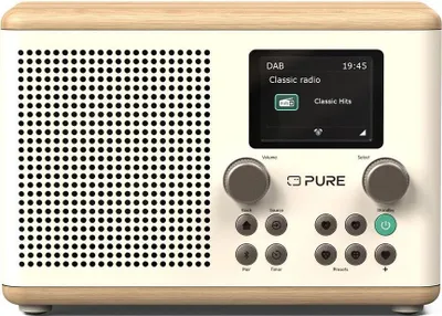 A digital radio with a wooden top and white body, placed on a white background.