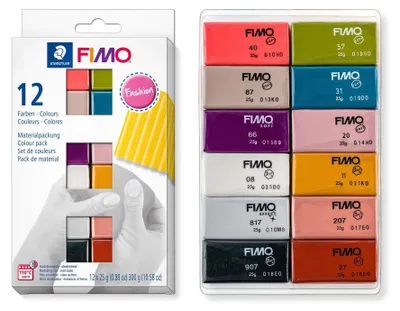 Zdjęcie produktu dla Staedtler FIMO 8023 C, Glinka do modelowania, Czarny, Niebieski, Miedziany, Złoto, Perłowy, Różowy, Różowy, Srebrny, Szarobrązowy, Fioletowy, 12 szt., 12 kol., 110 °C, 30 min