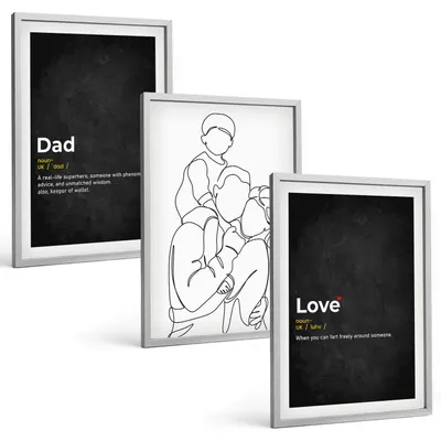 Produktbild von Bilder Set 3-teilig im silbergerahmten Rahmen – Wandbilder 3 Stück – gerahmte Poster für Wohnzimmer, Schlafzimmer und Flur – 40x60 cm – Familiengeschichte, Kunst, Liebe, Vaterschaft