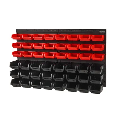 A wall-mounted organizer with multiple red and black bins.