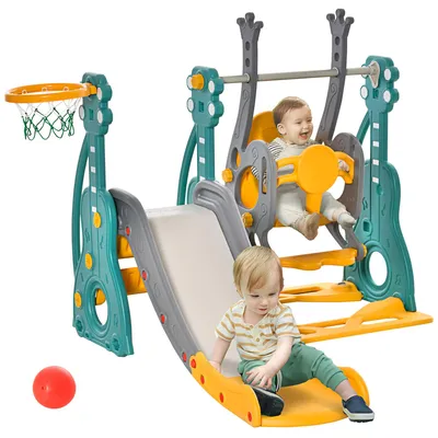 Image de Toboggan et balan?oire pour enfants 4 en 1 avec panier de basket, siššge ršŠglable, 152x149x107cm, bleu et jaune
