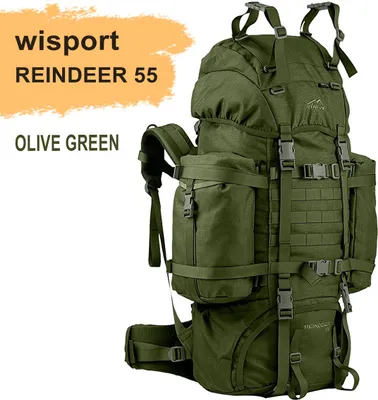 A large olive green backpack is shown against a white background, with text overlays indicating the brand and model.