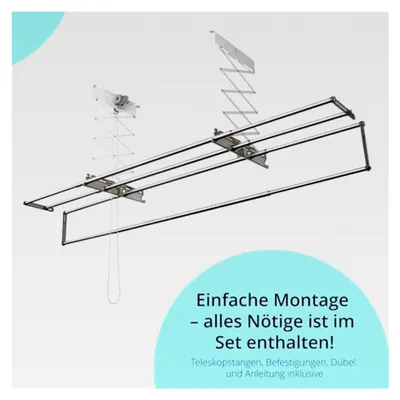 Produktbild von Deckentrockner 4 x 180 cm Edelstahlrohre mit Halterungen, teleskopischer Wäschetrockner mit halbautomatischem Kugelkettenantriebssystem, Tragkraft bis 20 kg, Silber