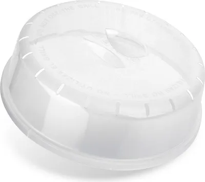A clear plastic microwave lid with vents and text on it.