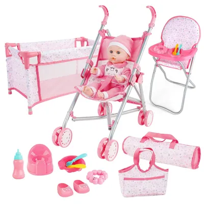 Puppenset mit 30 cm Puppe, Kinderwagen, Hochstuhl, 14-teilig