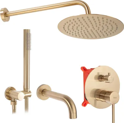 A set of gold-colored bathroom fixtures, including a shower head, handheld shower, faucet, and a concealed valve, arranged against a white background.